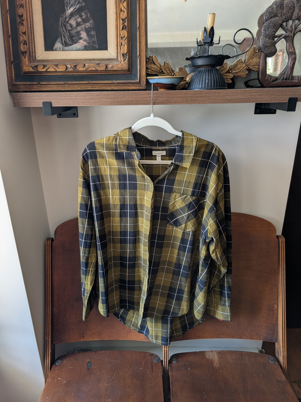 Garnet Hill Olive and Black Plaid Button-Down Shirt